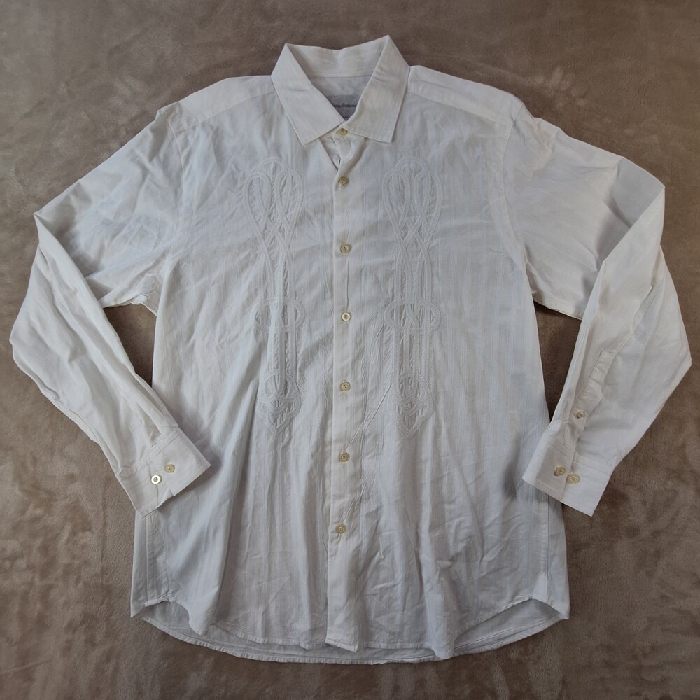 Tommy Bahama Shirt Mens Large White Casual Celtic Silk Bland Viscose Button